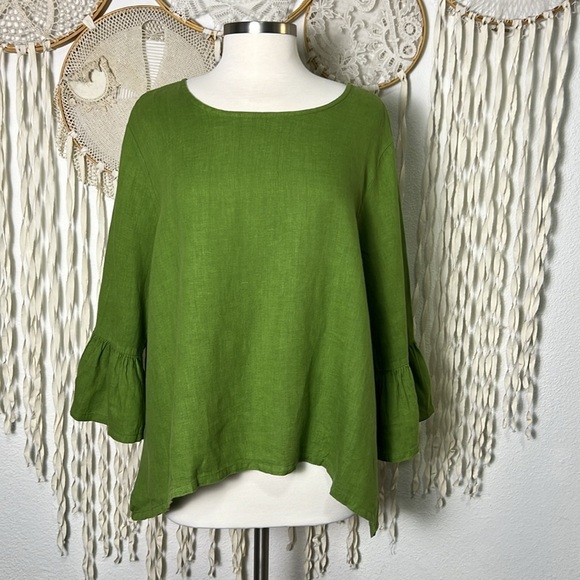 bryn Walker Tops - Bryn Walker Fran Round Neck 3/$ Bell Ruffle Sleeve Hi/Low Hemline Linen Shirt L